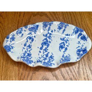 Bybee Pottery Blue and White Spongeware Small  Ruffled  Oval Serving Plate  Sign